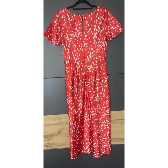 Topshop Red Silky Polka Dot Button Down Midi front slit  Dress Size 10 - Picture 2 of 10